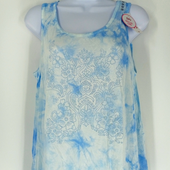 Justice Size 20 Plus Blue White Tie Dye Boho Sparkle Print Loose Swing Tank Top - Picture 2 of 6